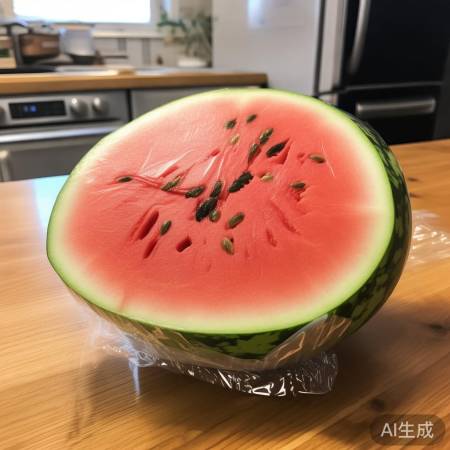西瓜切半去籽，保鲜膜包好入冰箱